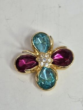 Gold Tone teal fuchsia brooch acrylic stones big chunky springy blingy flower